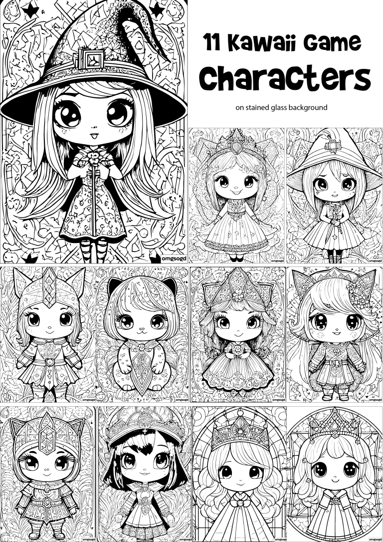 11 Free Kawaii Game Characters on Stained Glass Background Coloring Pages