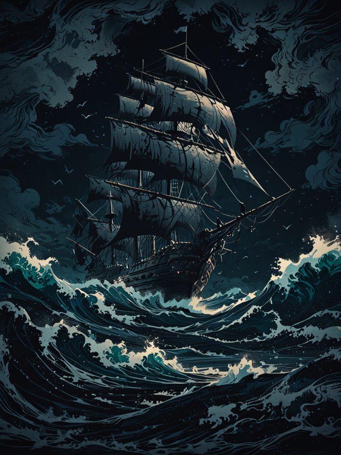 A pirate ship cutting through the waves, symbolizing the thrill of exploration and discovery.