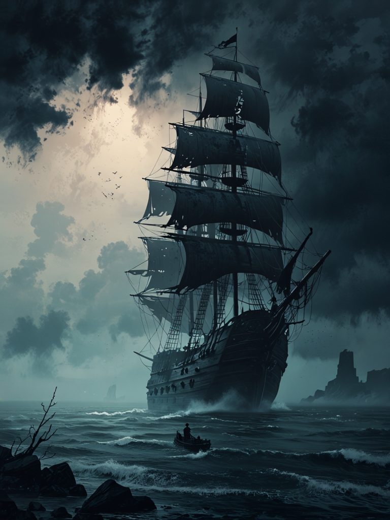 A foggy seascape with a pirate ship in the distance, evoking a sense of mystery and intrigue.